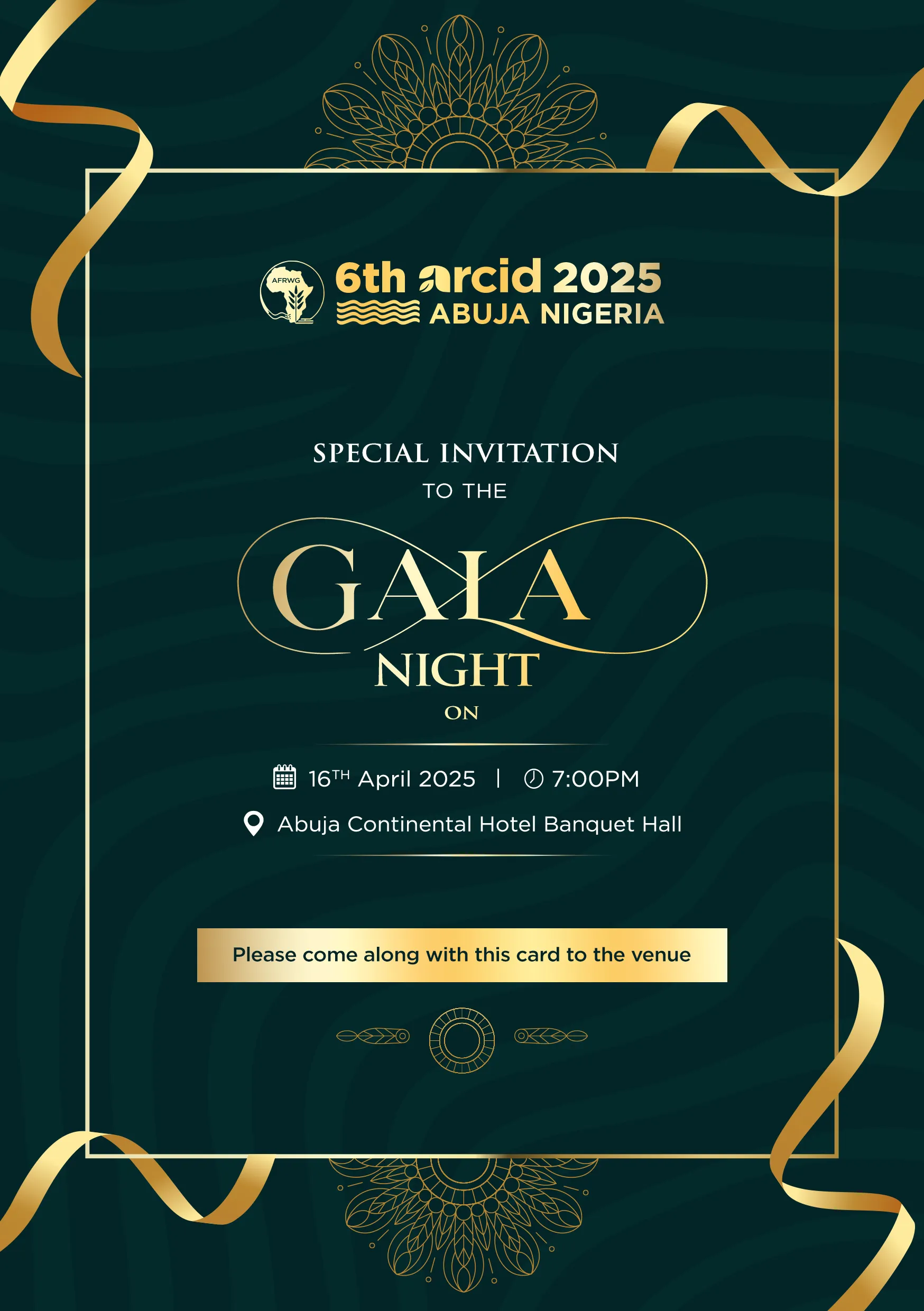 Gala night invitation card in deep green and gold with the 6th ARCID mark
