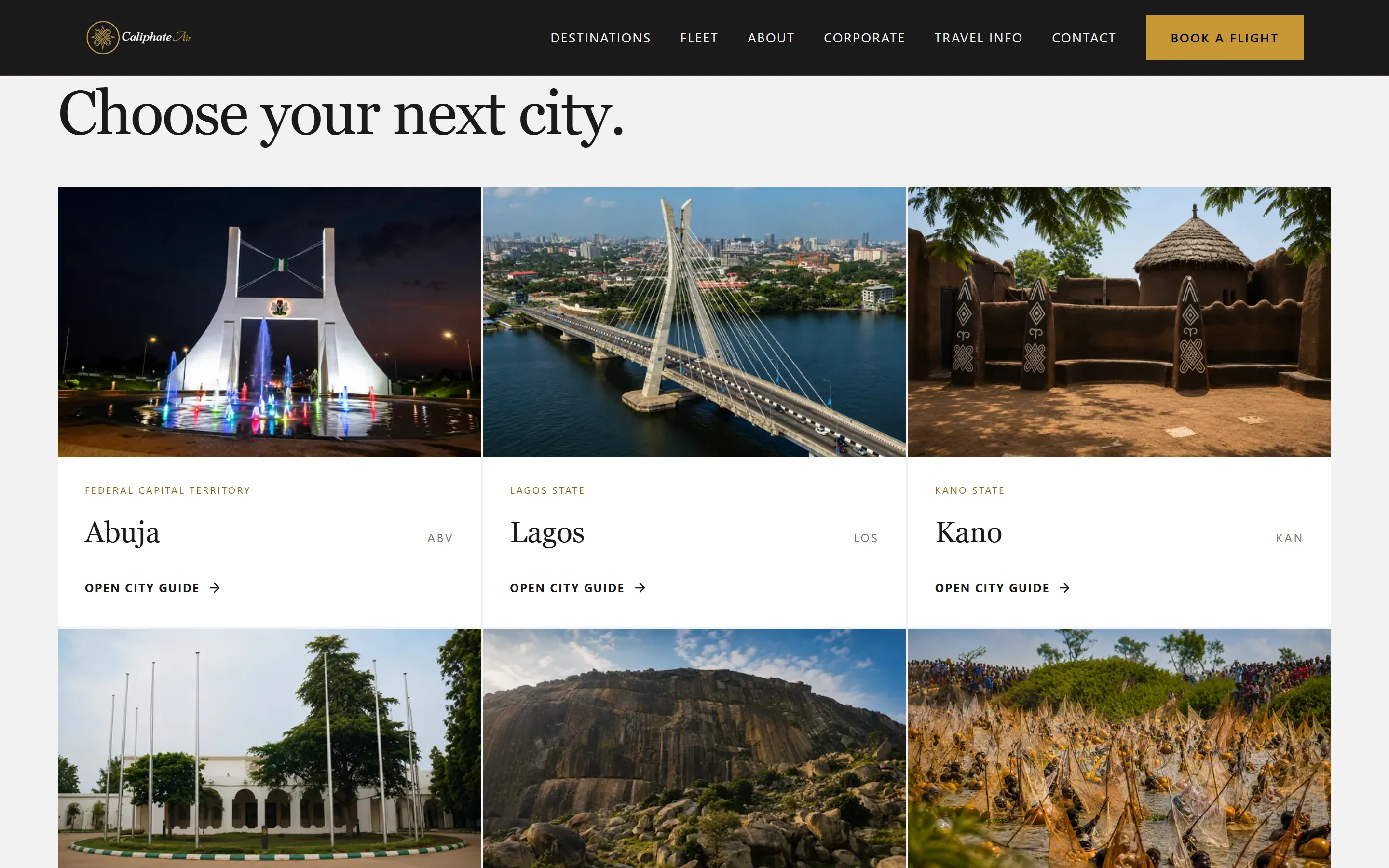 Caliphate Air destinations page showing city cards for Abuja, Lagos and Kano