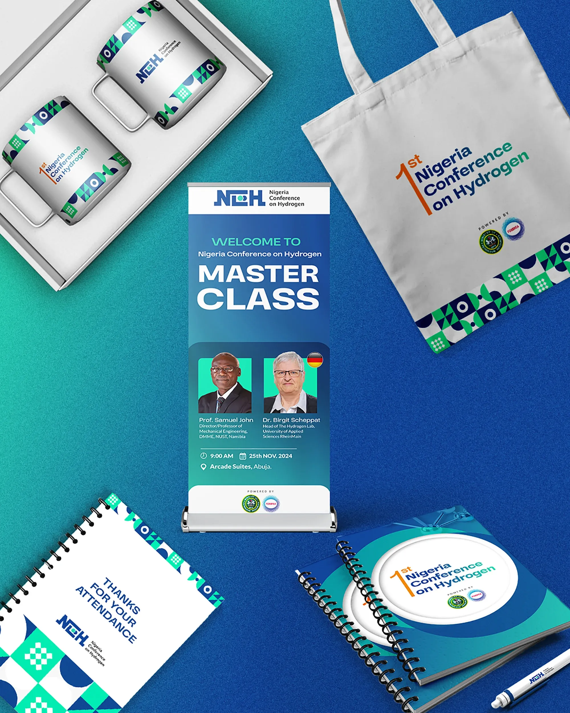 Nigeria Conference on Hydrogen brand applied to a roll-up banner, tote bag, mugs and notebooks