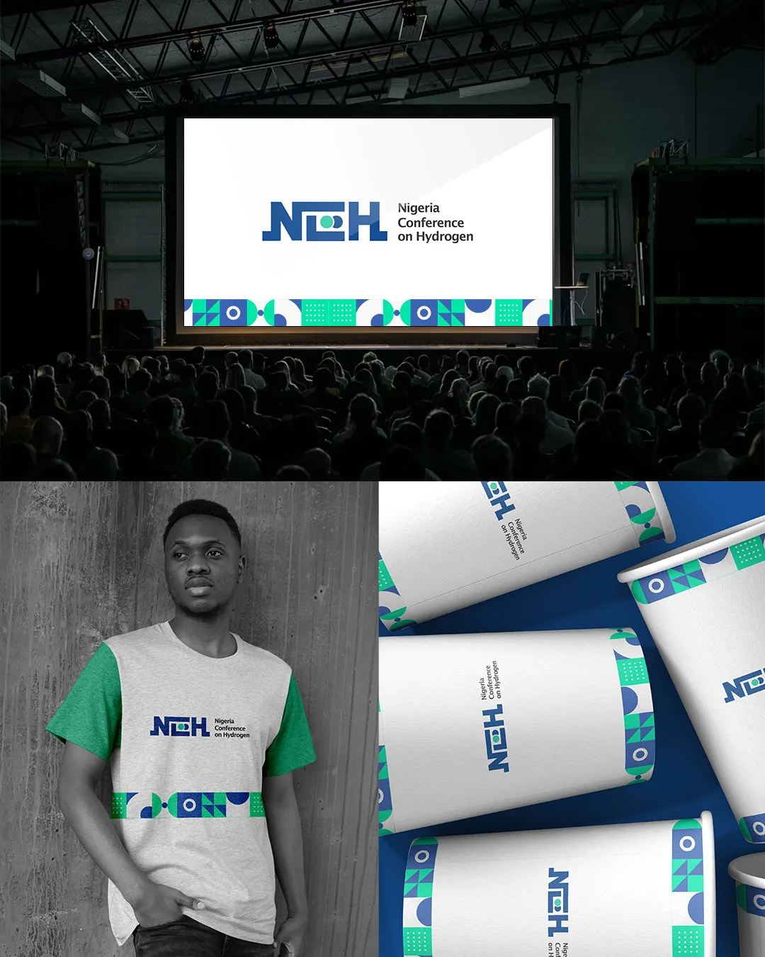 NCH logo on a conference screen, a branded T-shirt and branded paper cups