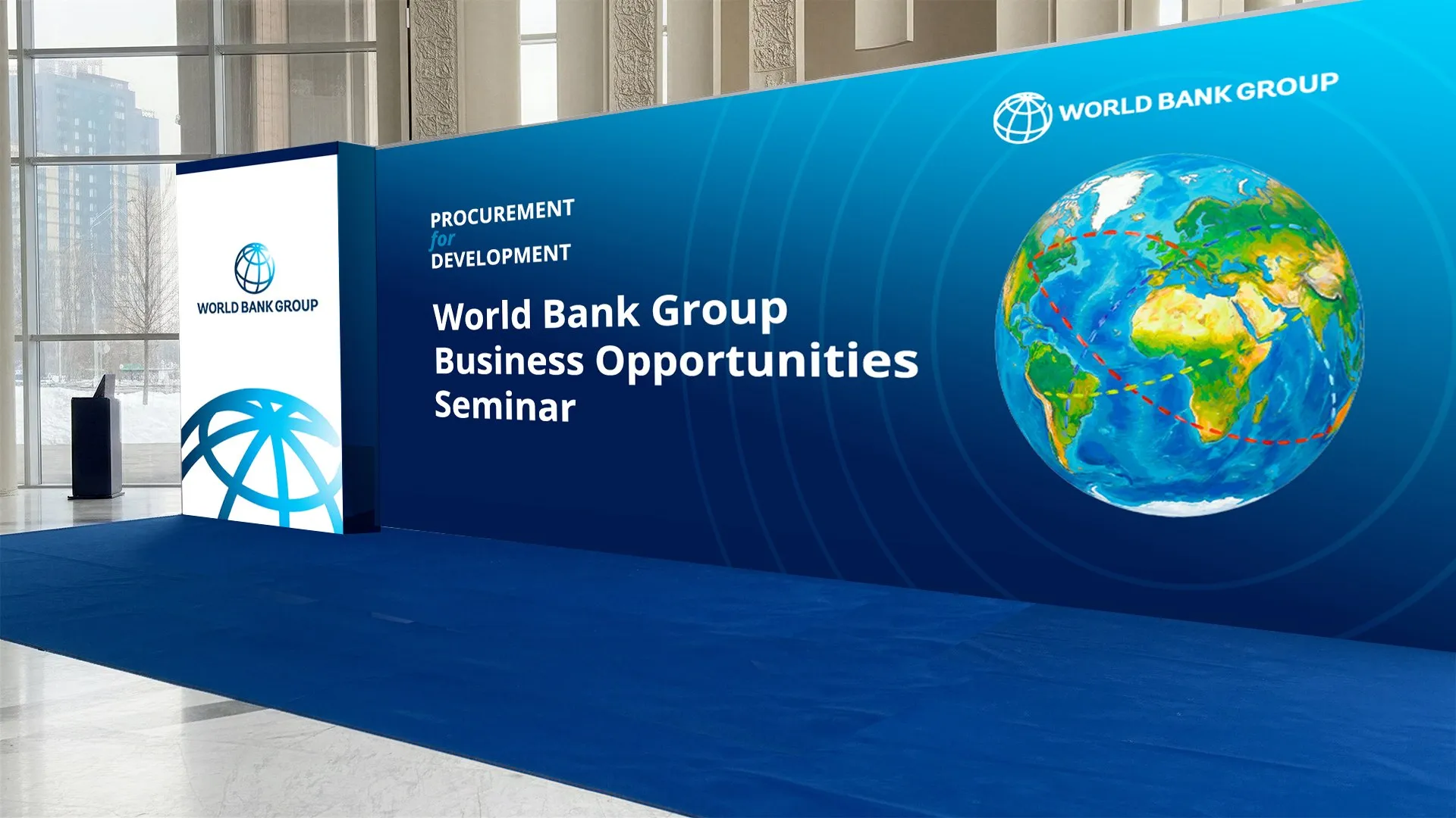World Bank Group Business Opportunities Seminar media wall visualised in the venue lobby