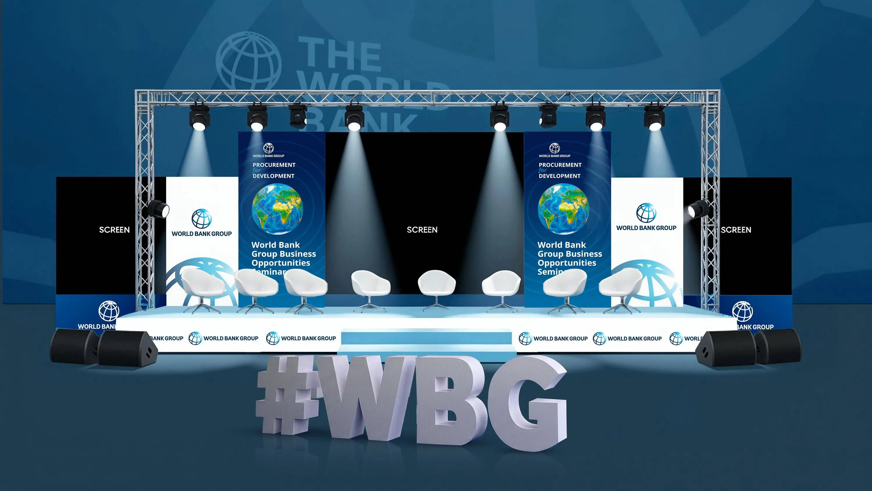 Stage visualisation with truss lighting, screens, World Bank Group panels and a #WBG sign