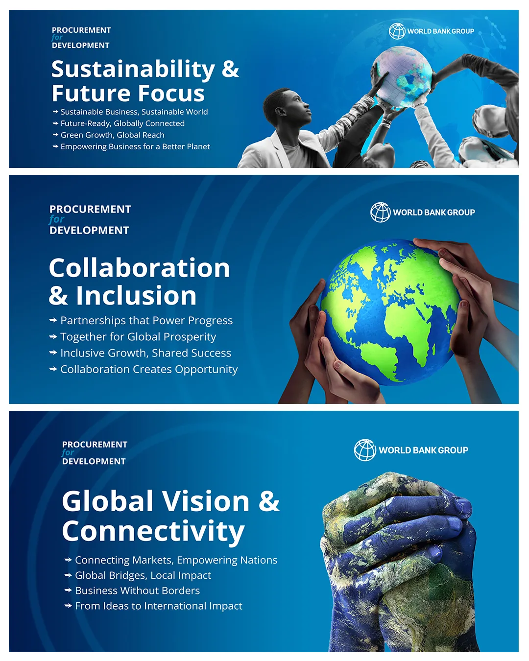 Three seminar banners: Sustainability and Future Focus, Collaboration and Inclusion, Global Vision and Connectivity