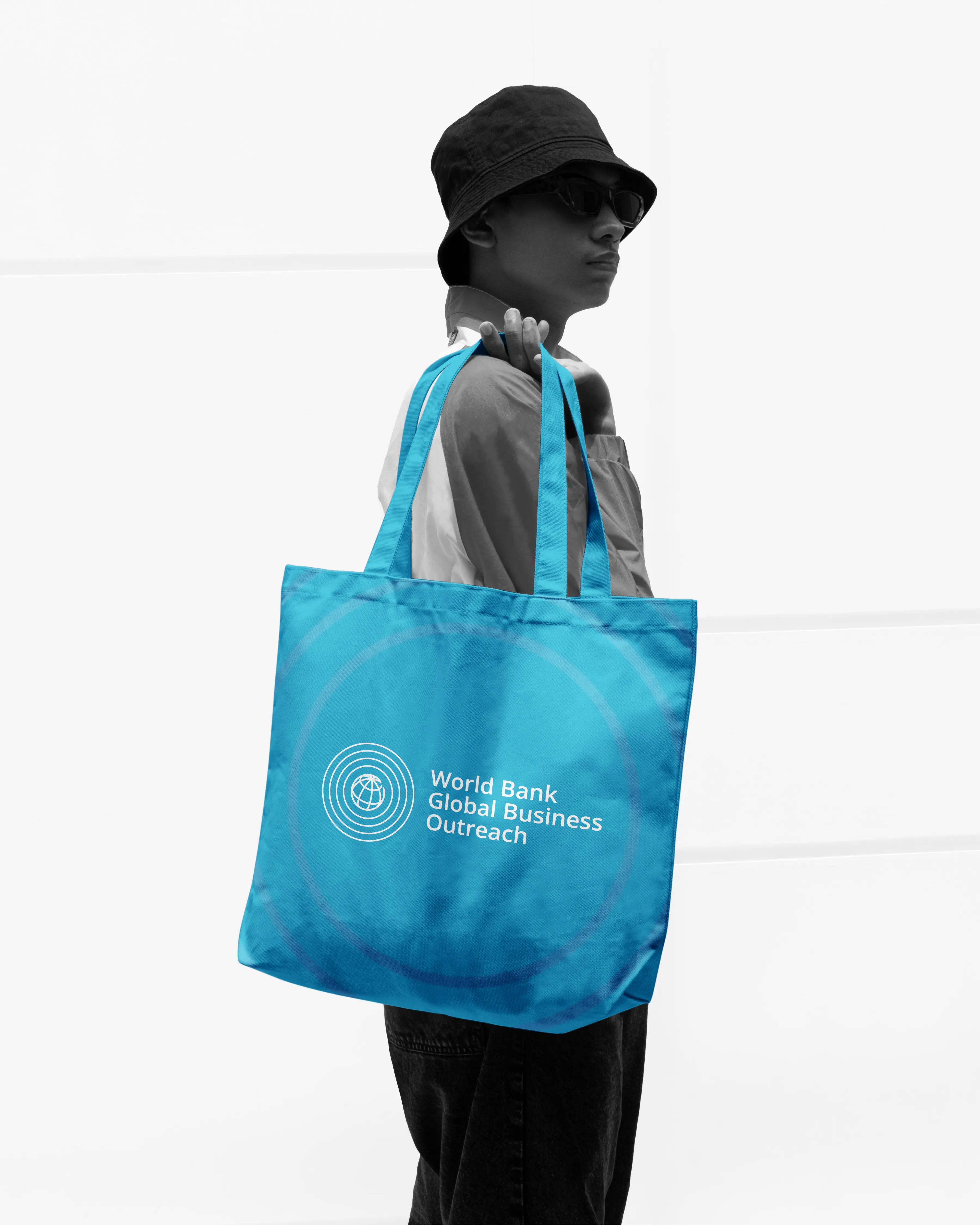 Tote bag with the World Bank Global Business Outreach identity concept